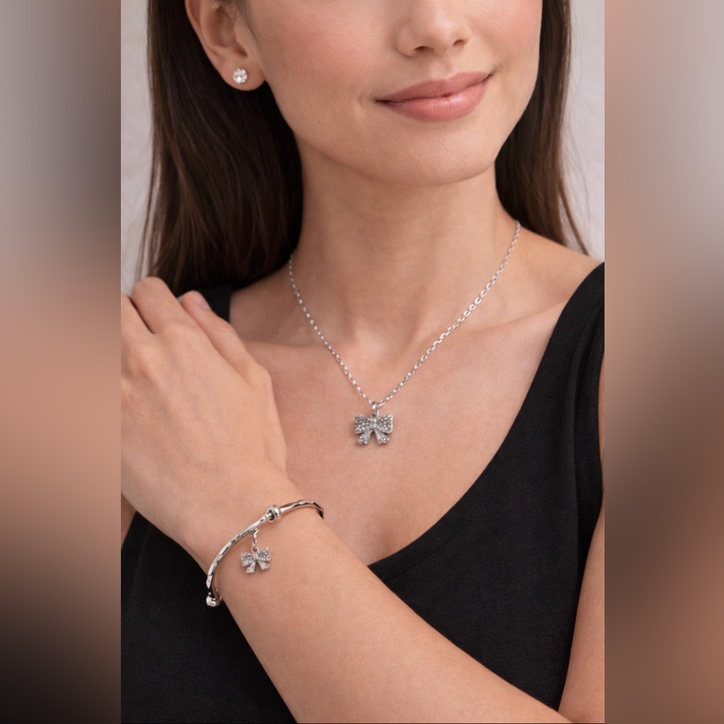 Silvertone Necklace Trio (Set Of 3) Cz Necklace Earrings Bracelet Bow Charms New